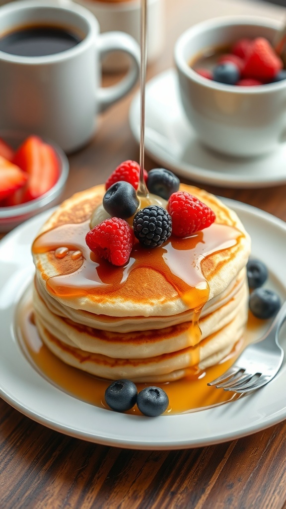 Fluffy Pancake Recipe for 7 Servings Fluffy pancakes stacked high, topped with berries and syrup, on a breakfast table.